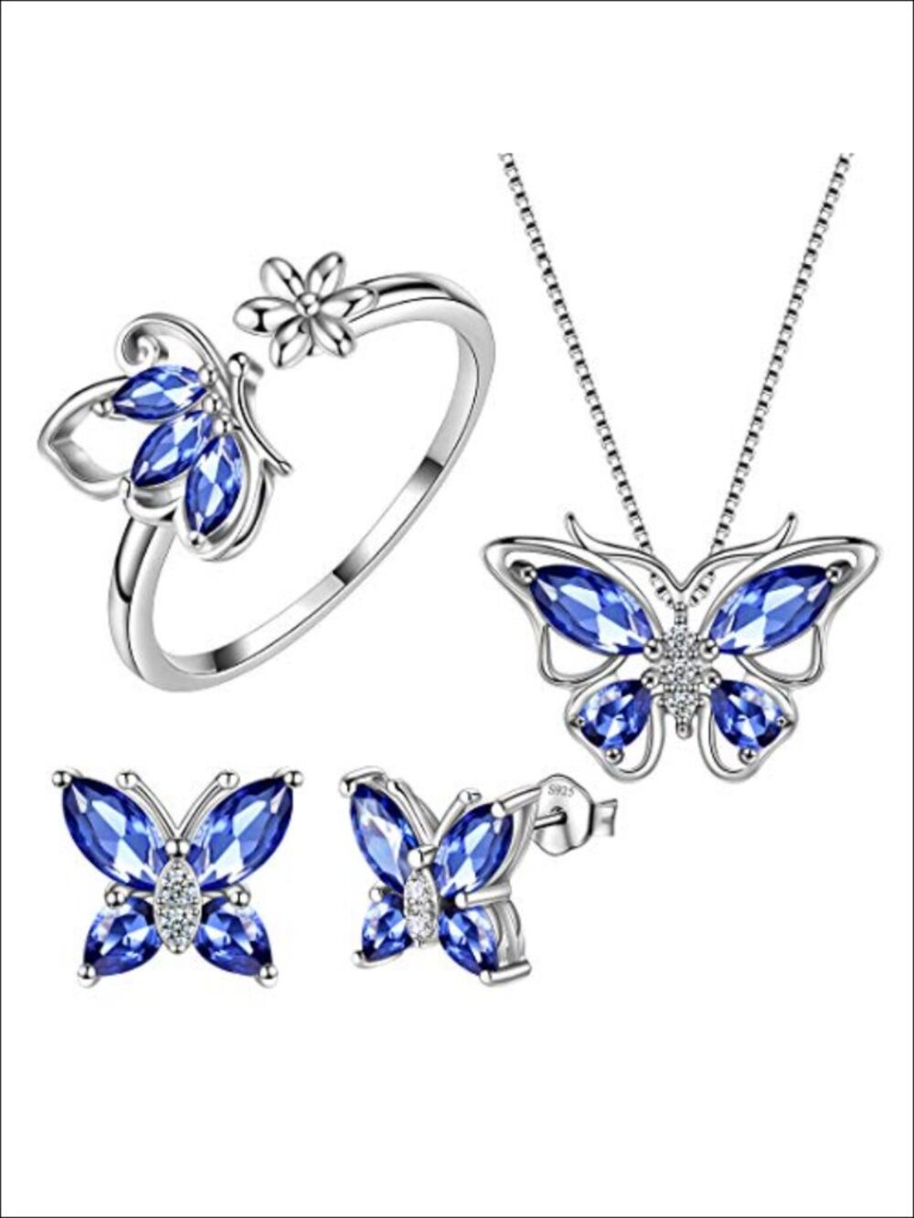 Women's 925 Sterling Silver Butterfly Birthstone Pendant Necklace Earrings Ring